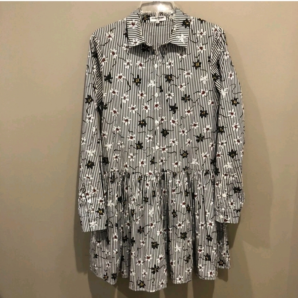 Opening Ceremony Women  Gray Striped with Floral print Dress Sz 4 Rare Deadstock
